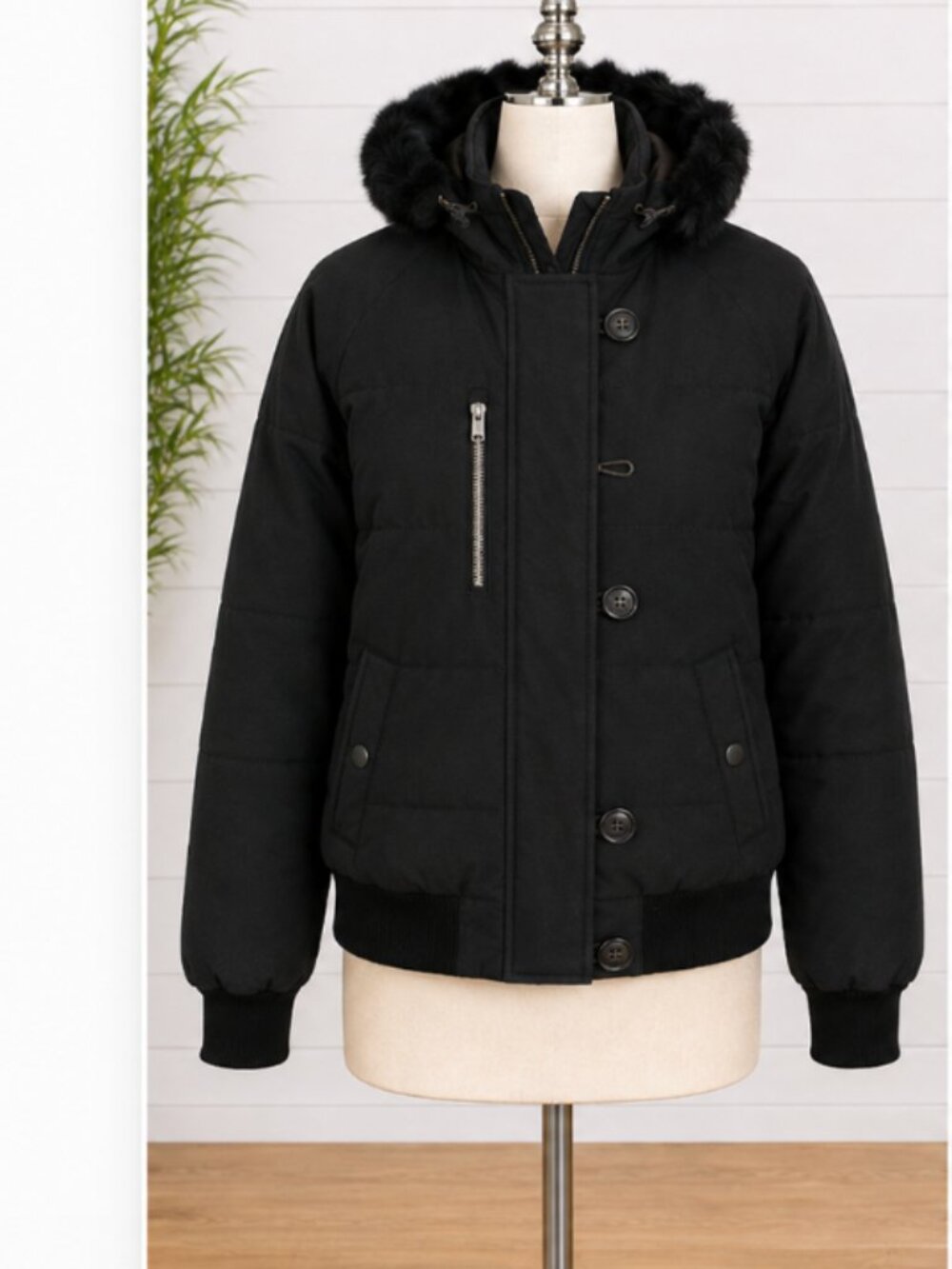 BODY GLOVE Women's Puffer Jacket Size M Black Faux Fur Hood Winter Coat NWOT